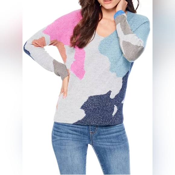 Nic+Zoe “Puzzle Time” Multicolor Cotton-Blend V-Neck Sweater — Medium Petite - Picture 1 of 8